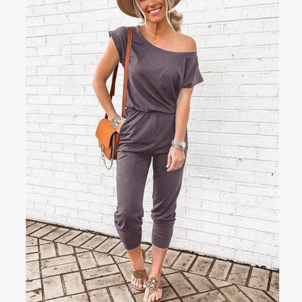Gray Off-Shoulder Jumpsuit with Relaxed Fit